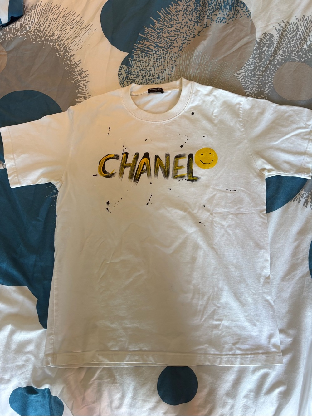 CHANEL White Tee with Yellow Graphic Logo and Smiley